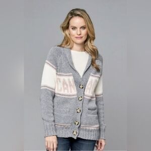 Cotton Country Button Up Knit‎ Canada Pink/Grey Cardigan Maple Leaf Back